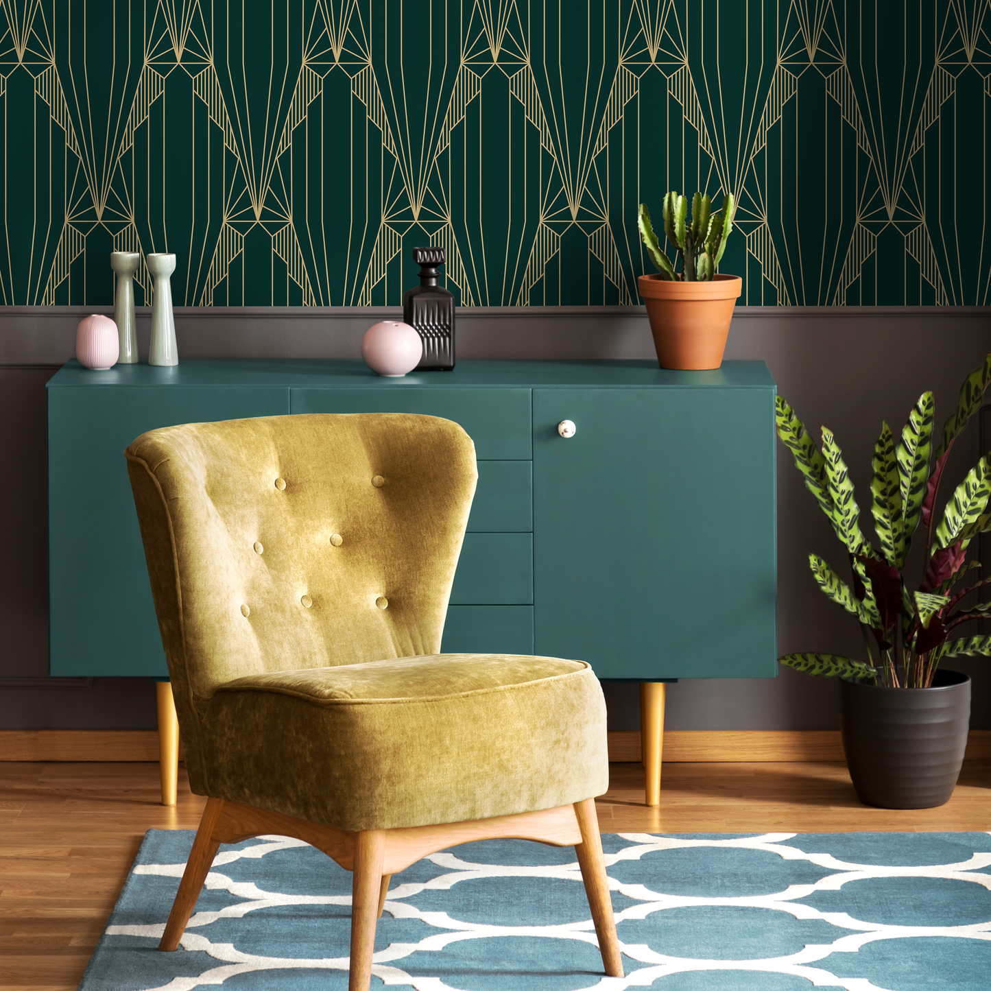 Elegant Green Geometric Wallpaper / Peel and Stick Wallpaper Removable Wallpaper Home Decor Wall Art Wall Decor Room Decor - D243