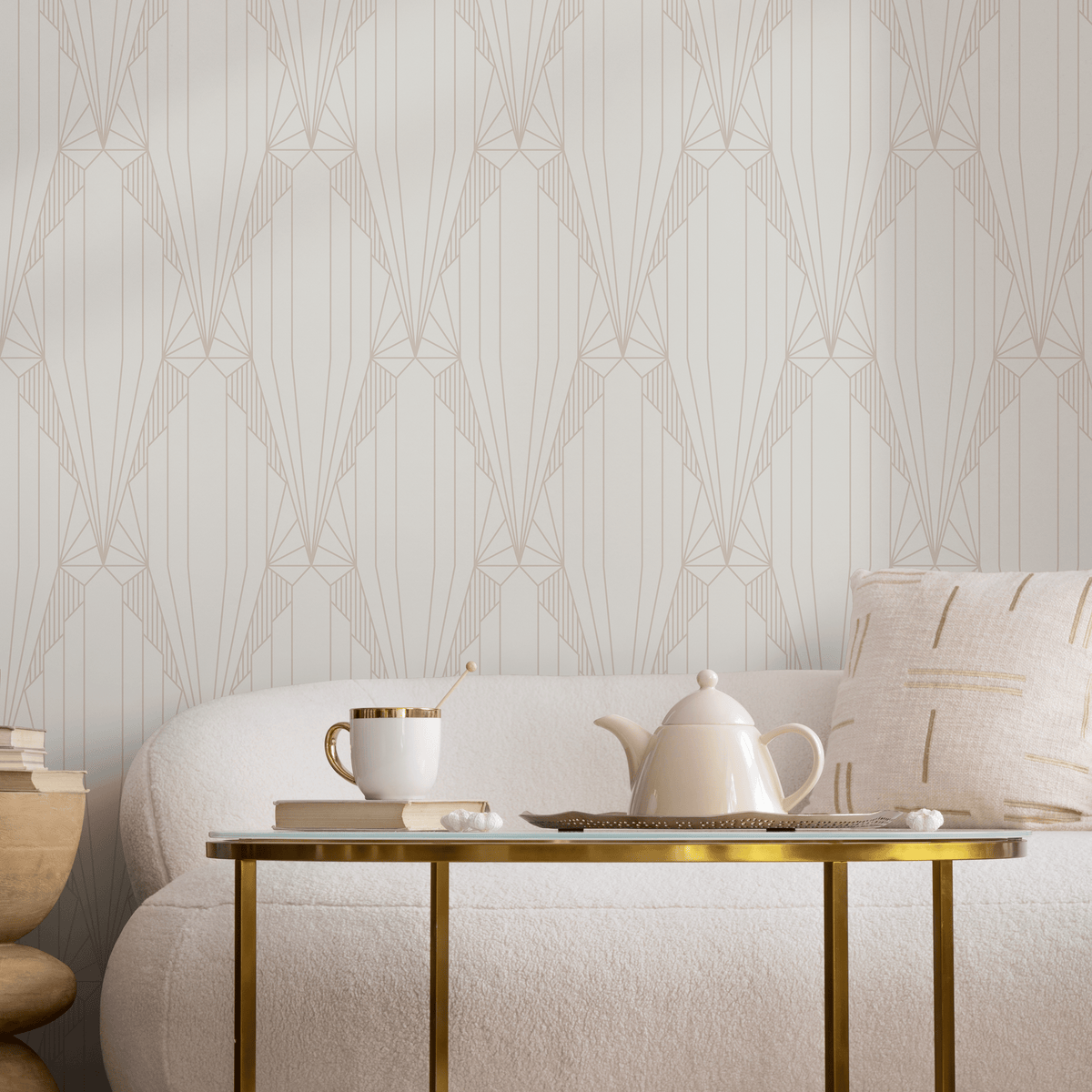 Art Deco Minimalist Wallpaper with a Fan Motif in Beige and Cream - detail view