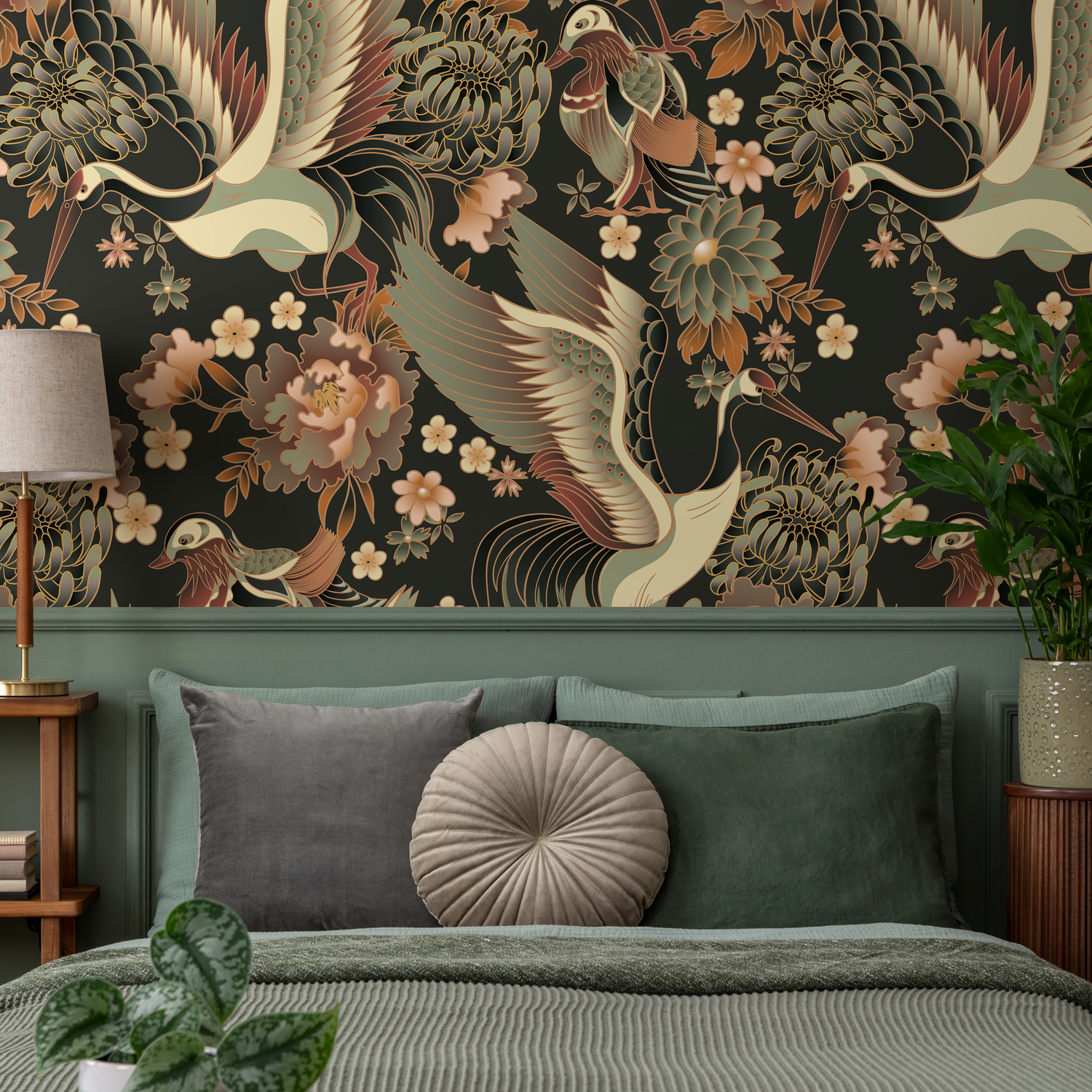 Taupe Chinoiserie Crane Birds Wallpaper / Peel and Stick Wallpaper Removable Wallpaper Home Decor Wall Art Wall Decor Room Decor - D246 - ONDECOR.COM
