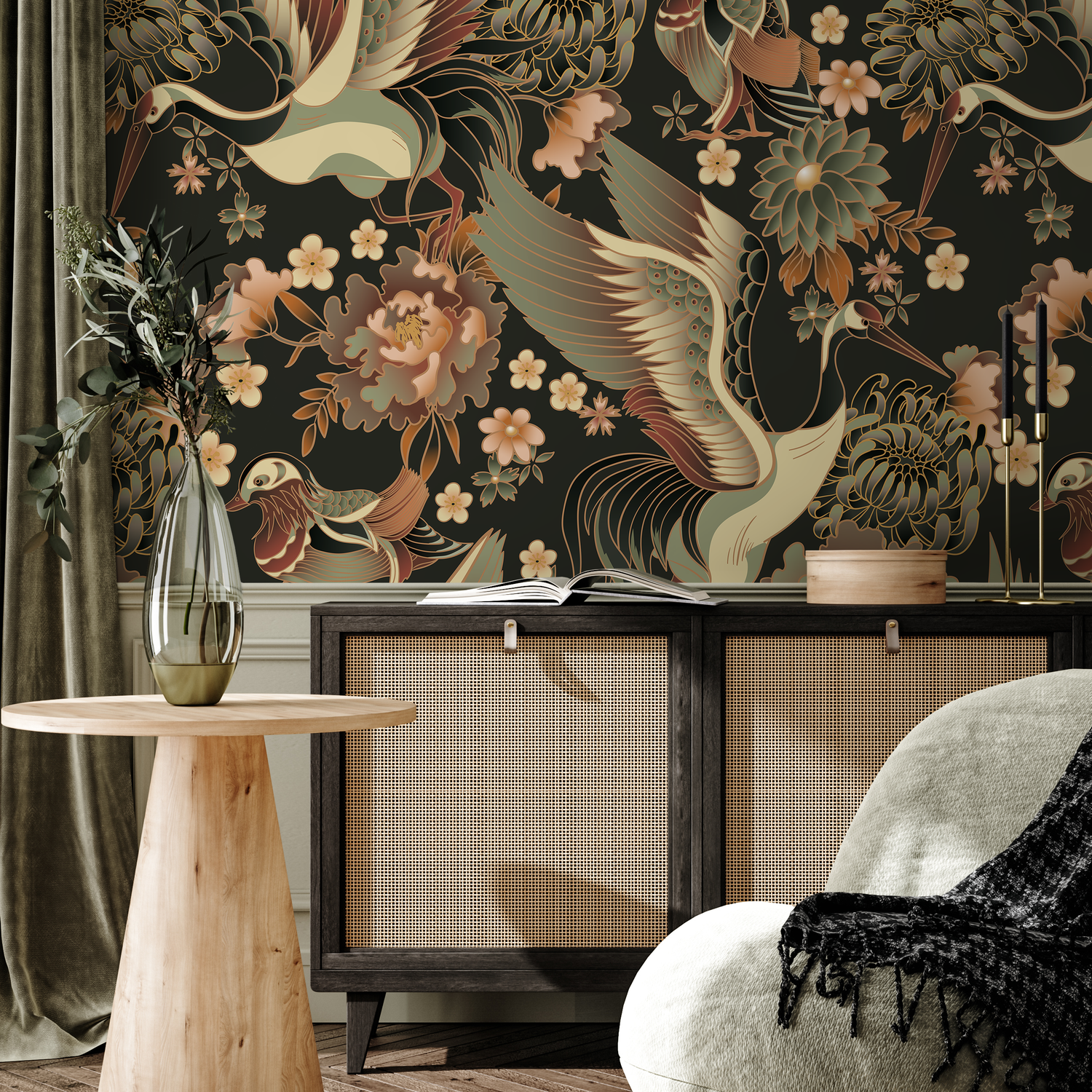Taupe Chinoiserie Crane Birds Wallpaper / Peel and Stick Wallpaper Removable Wallpaper Home Decor Wall Art Wall Decor Room Decor - D246 - ONDECOR.COM