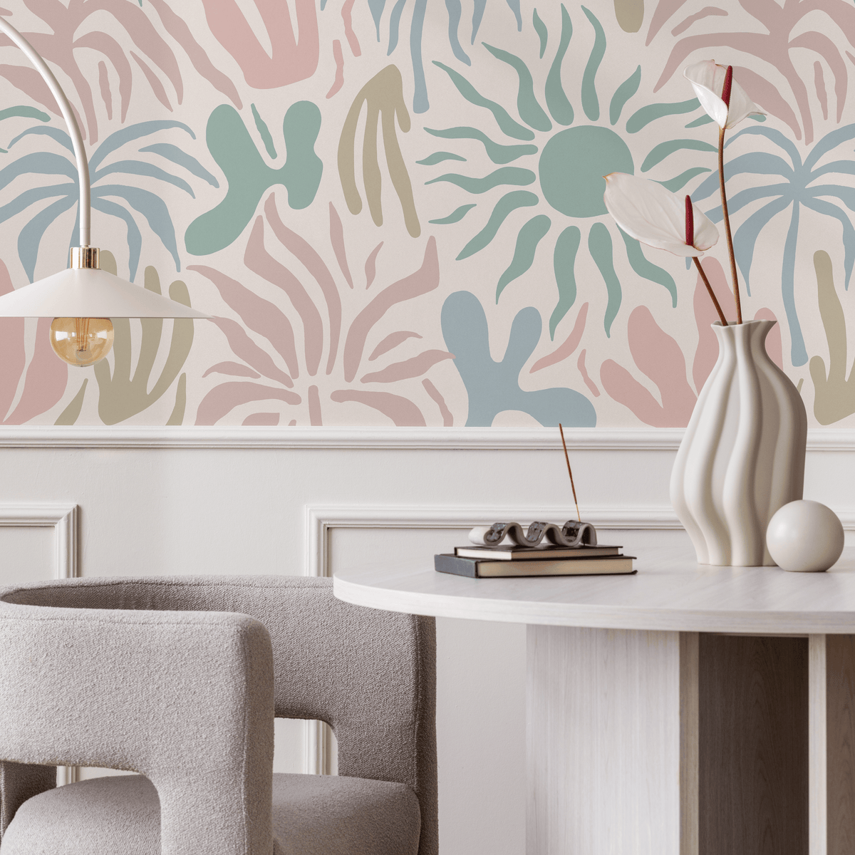 Abstract Wallpaper with Stylized Sun and Palm Shapes in Pink, Green, and Blue - detail view