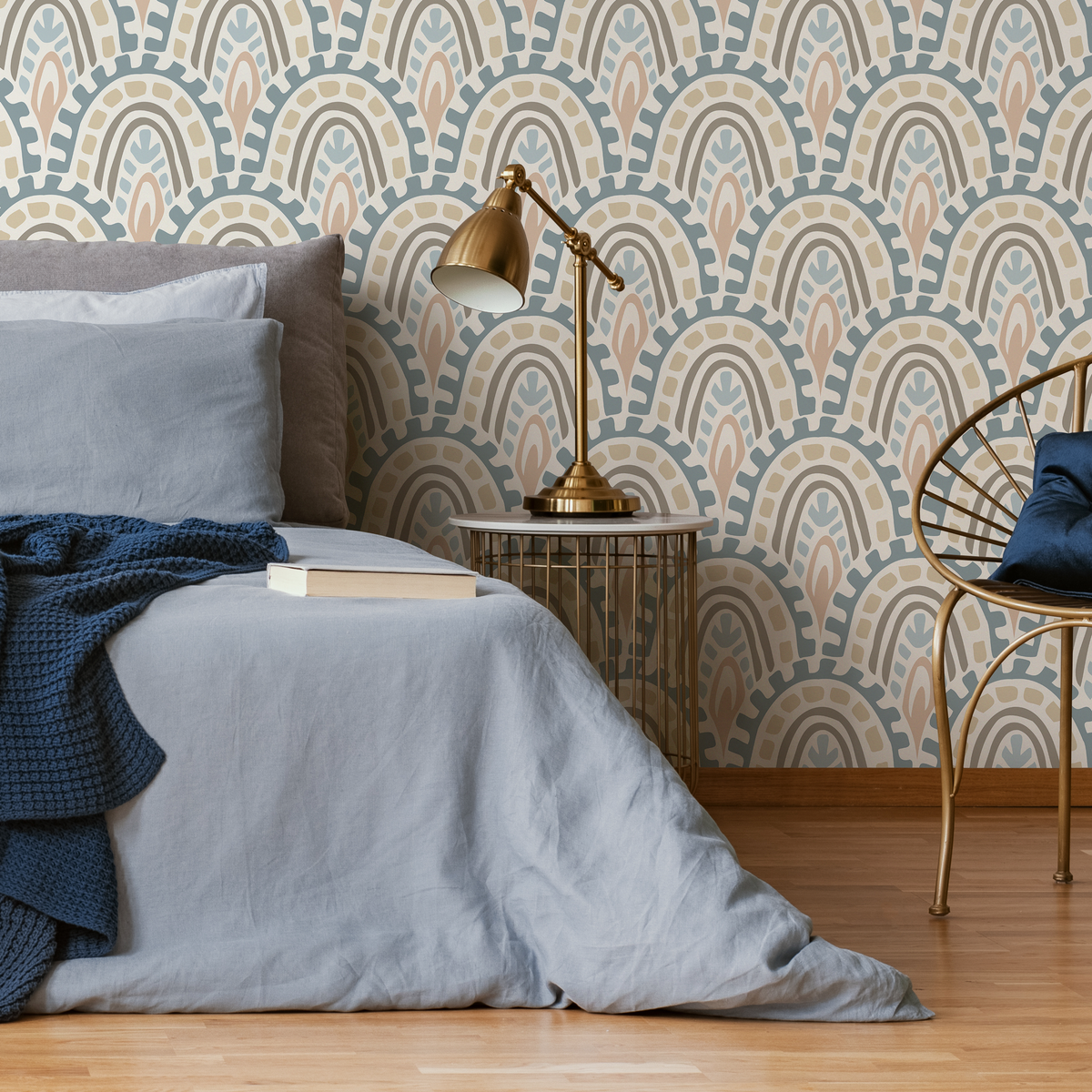 Abstract Wallpaper with a Bohemian Arch Motif in Blue, Pink, and Beige - detail view