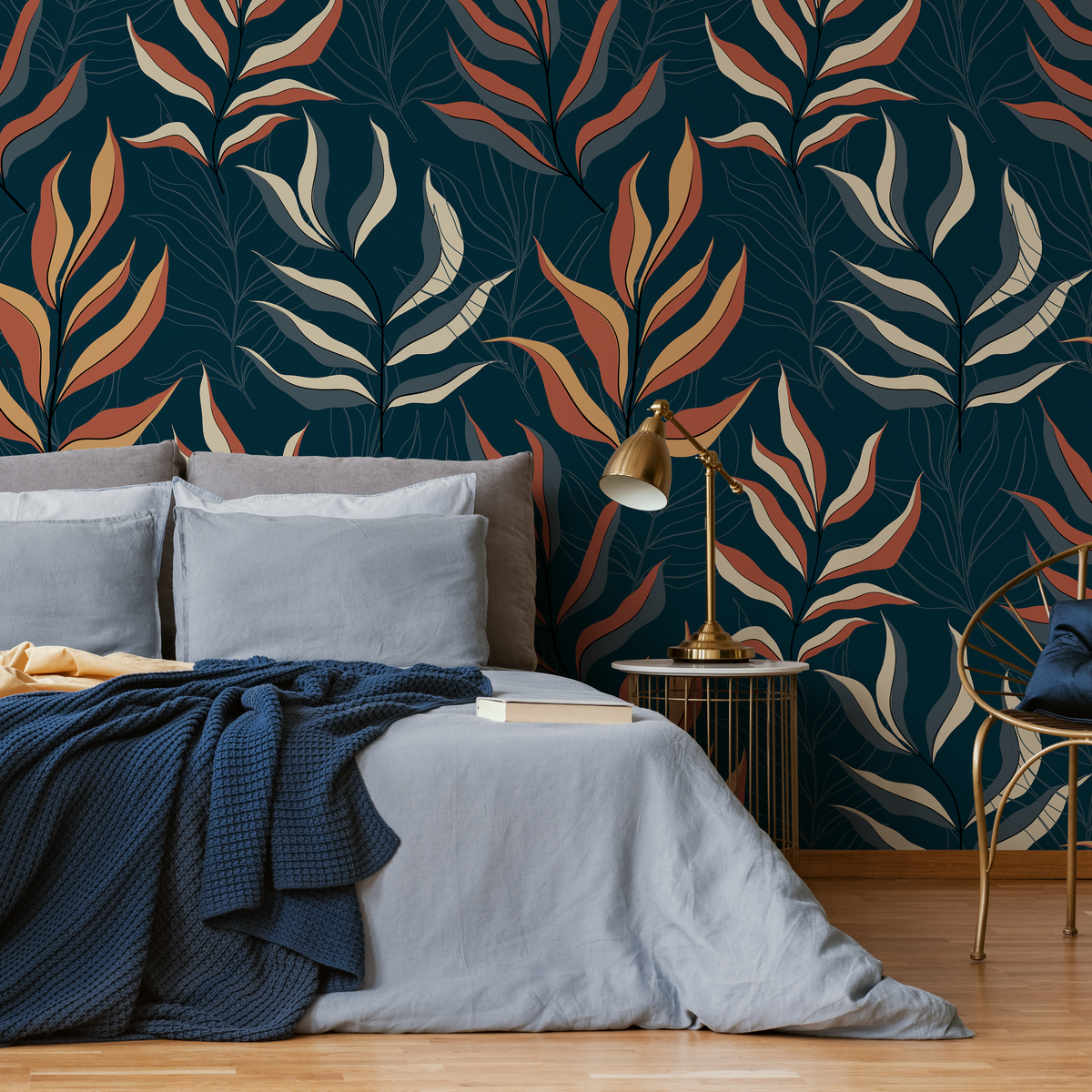 Botanical Wallpaper with Stylized Leaves in Blue, Rust, and Yellow - detail view