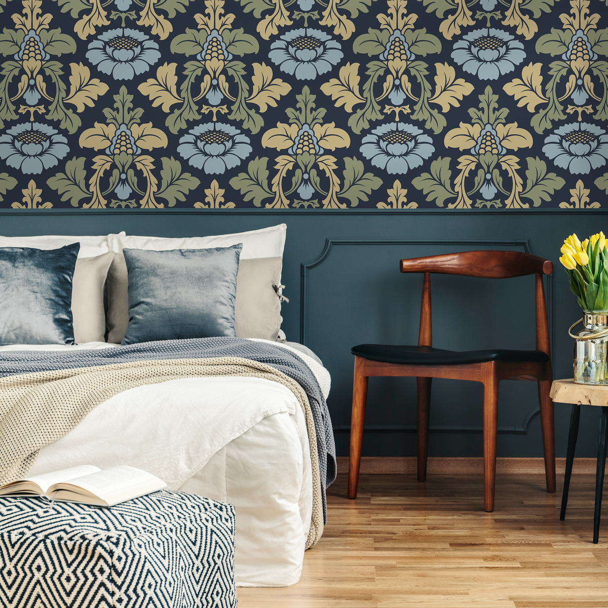 Damask Wallpaper with a Stylized Floral Motif in Navy Blue, Gold, and Light Blue - detail view