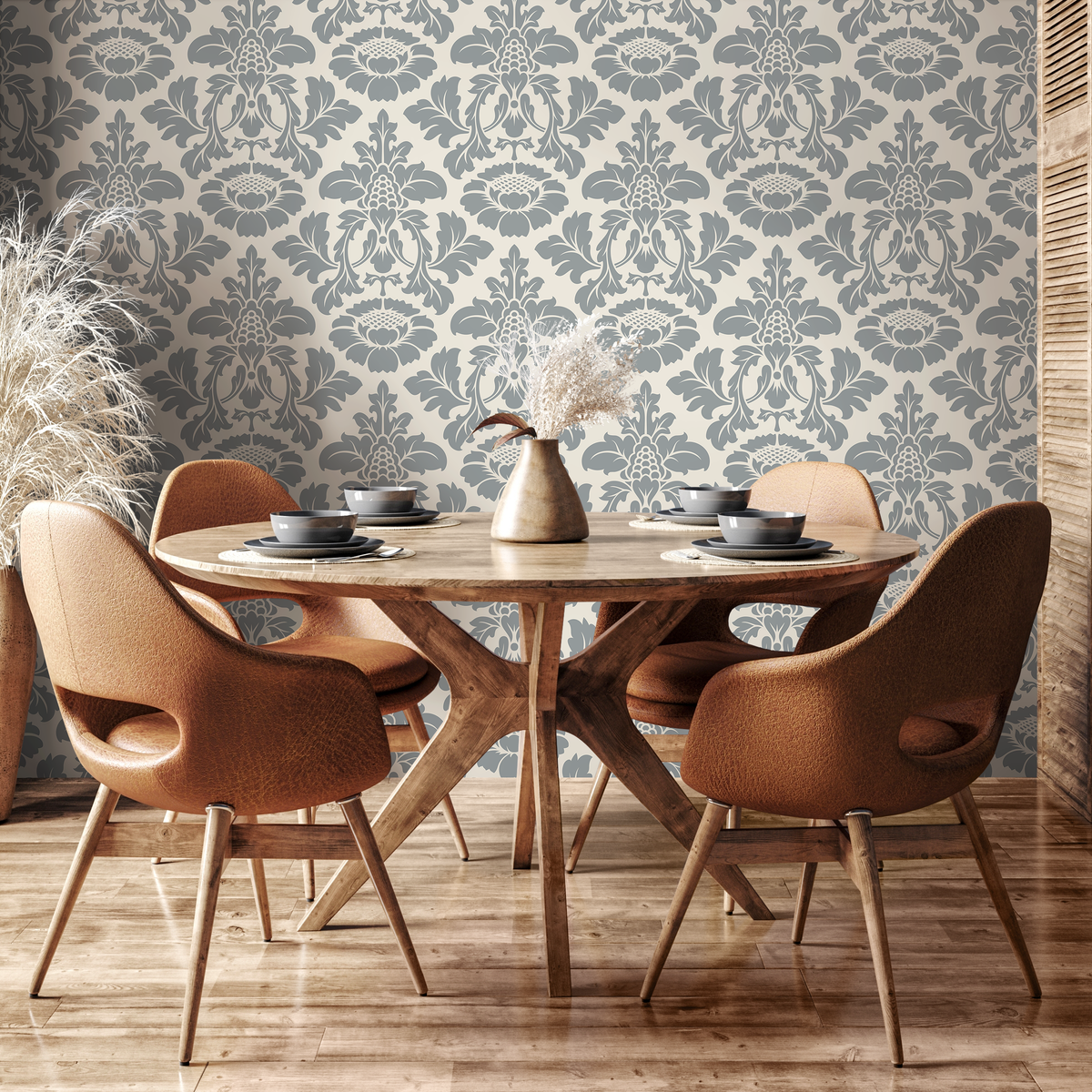 Damask Wallpaper with an Elegant Vintage Floral Motif in Light Grey and Cream - detail view