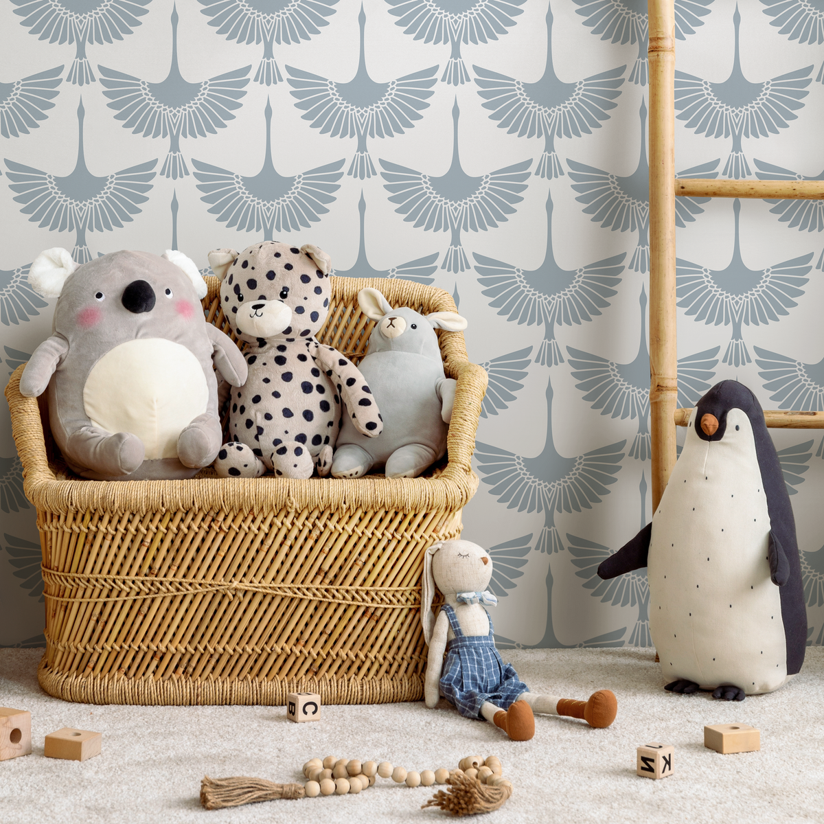 Bird Wallpaper with a Stylized Modern Swan Motif in Light Blue - detail view