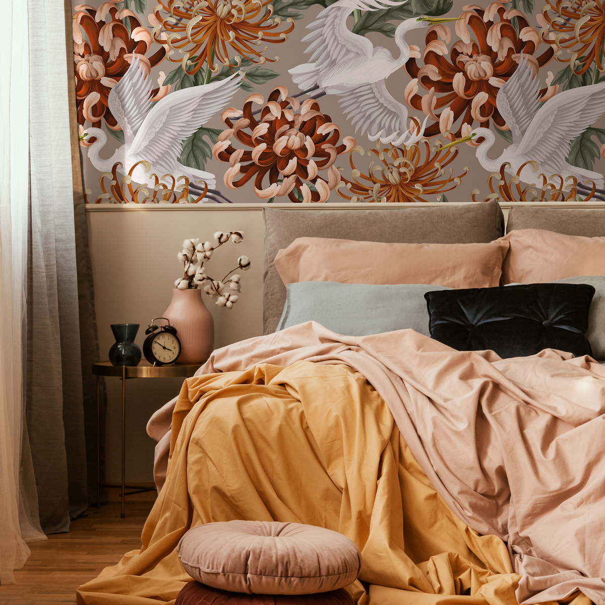 Chinoiserie Wallpaper with Cranes and Chrysanthemums in Orange and White - detail view