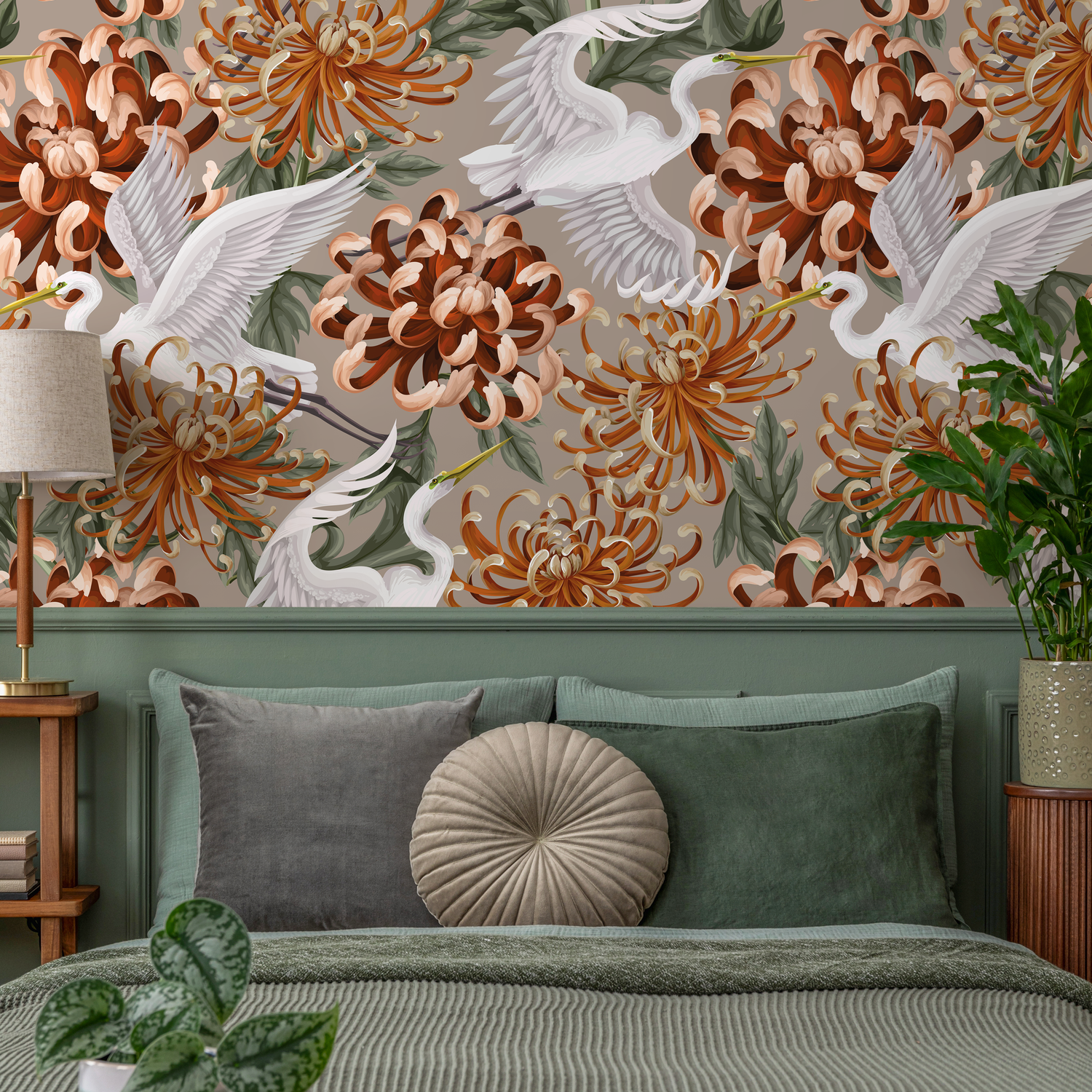 Chinoiserie Fleur d'oranger et Grues / Papier peint autocollant Papier peint amovible Décoration d'intérieur Art mural Décoration murale Décoration de chambre - D265