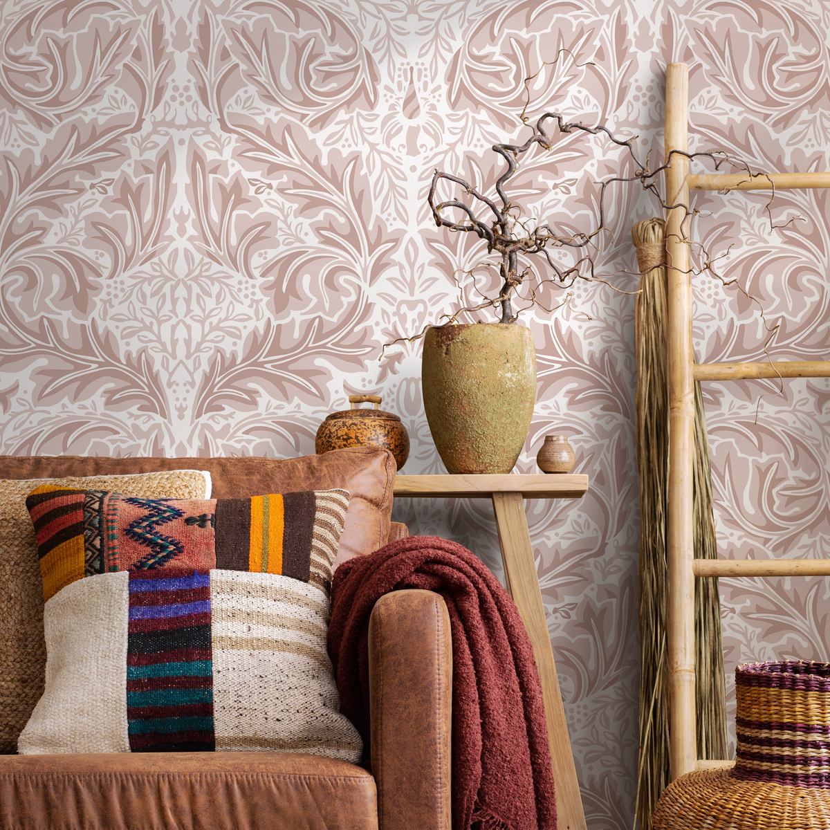 Victorian Wallpaper with a Symmetrical Acanthus Motif in Muted Clay and White - detail view