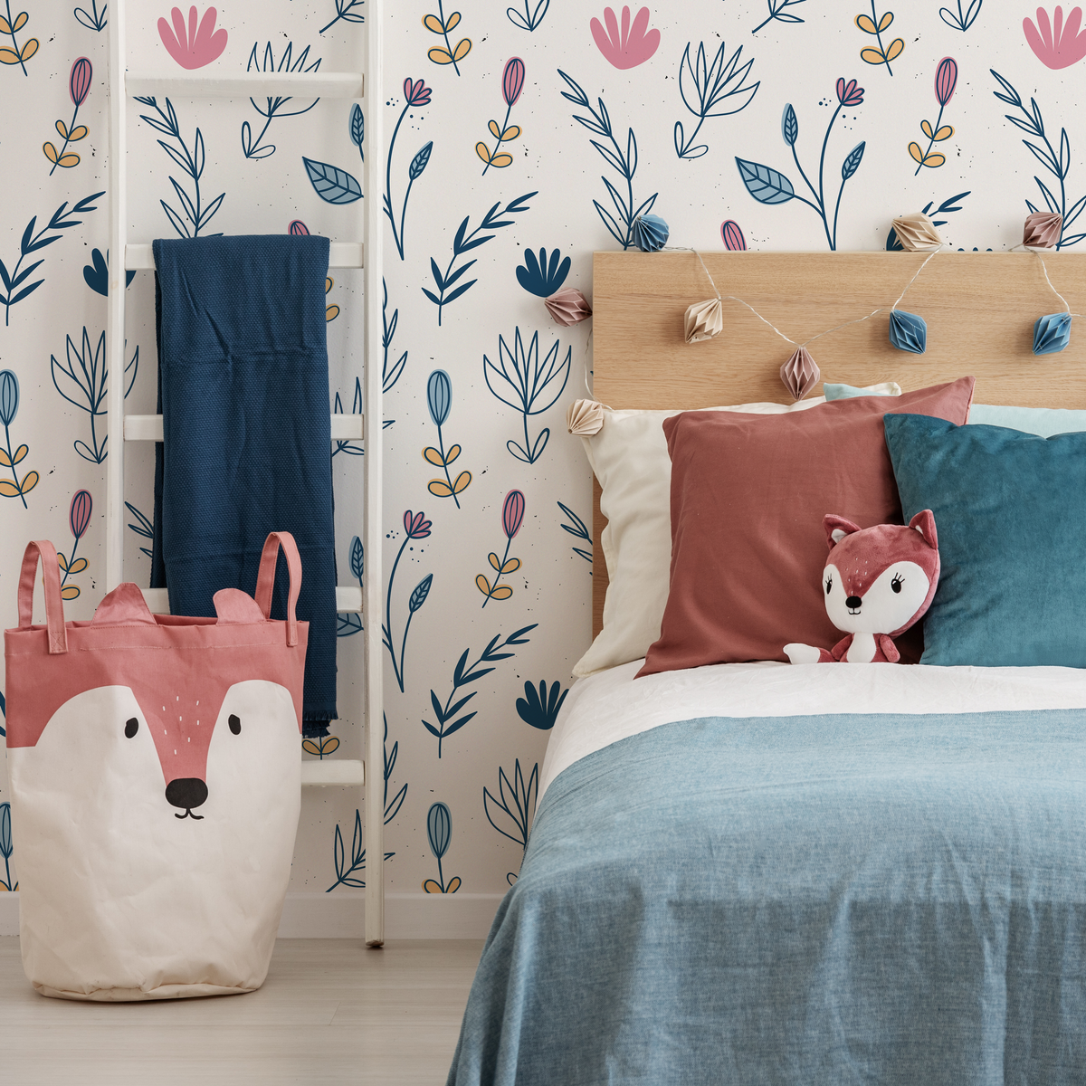Floral Wallpaper with a Whimsical Wildflower Print in Blue, Pink, and Yellow - detail view