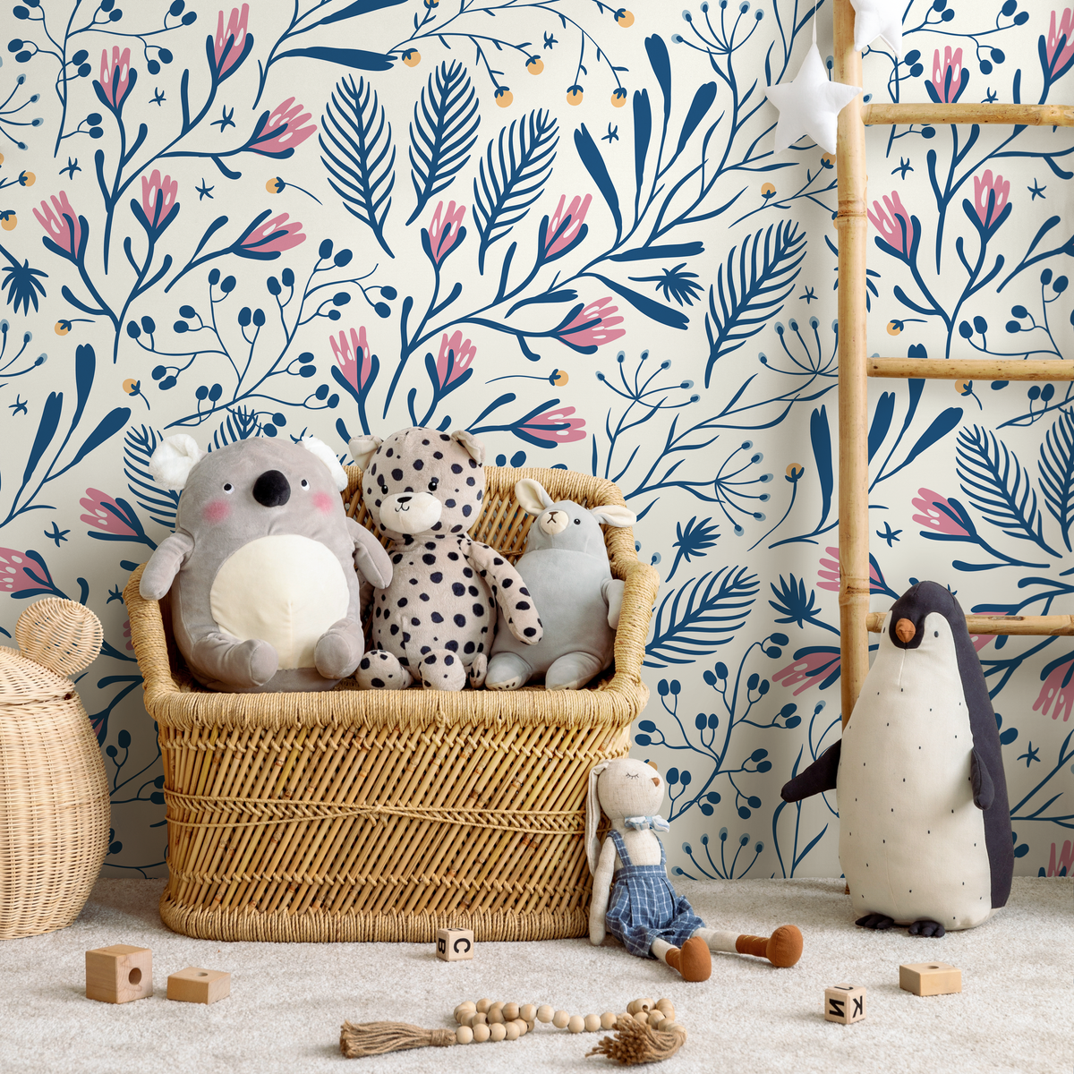 Scandinavian Wallpaper with a Folk Art Floral Motif in Blue, Pink, and Yellow - detail view