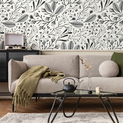 Black and White Floral Wallpaper / Peel and Stick Wallpaper Removable Wallpaper Home Decor Wall Art Wall Decor Room Decor - D281