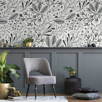 Black and White Floral Wallpaper / Peel and Stick Wallpaper Removable Wallpaper Home Decor Wall Art Wall Decor Room Decor - D281