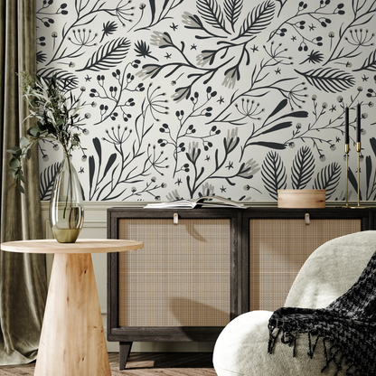 Black and White Floral Wallpaper / Peel and Stick Wallpaper Removable Wallpaper Home Decor Wall Art Wall Decor Room Decor - D281