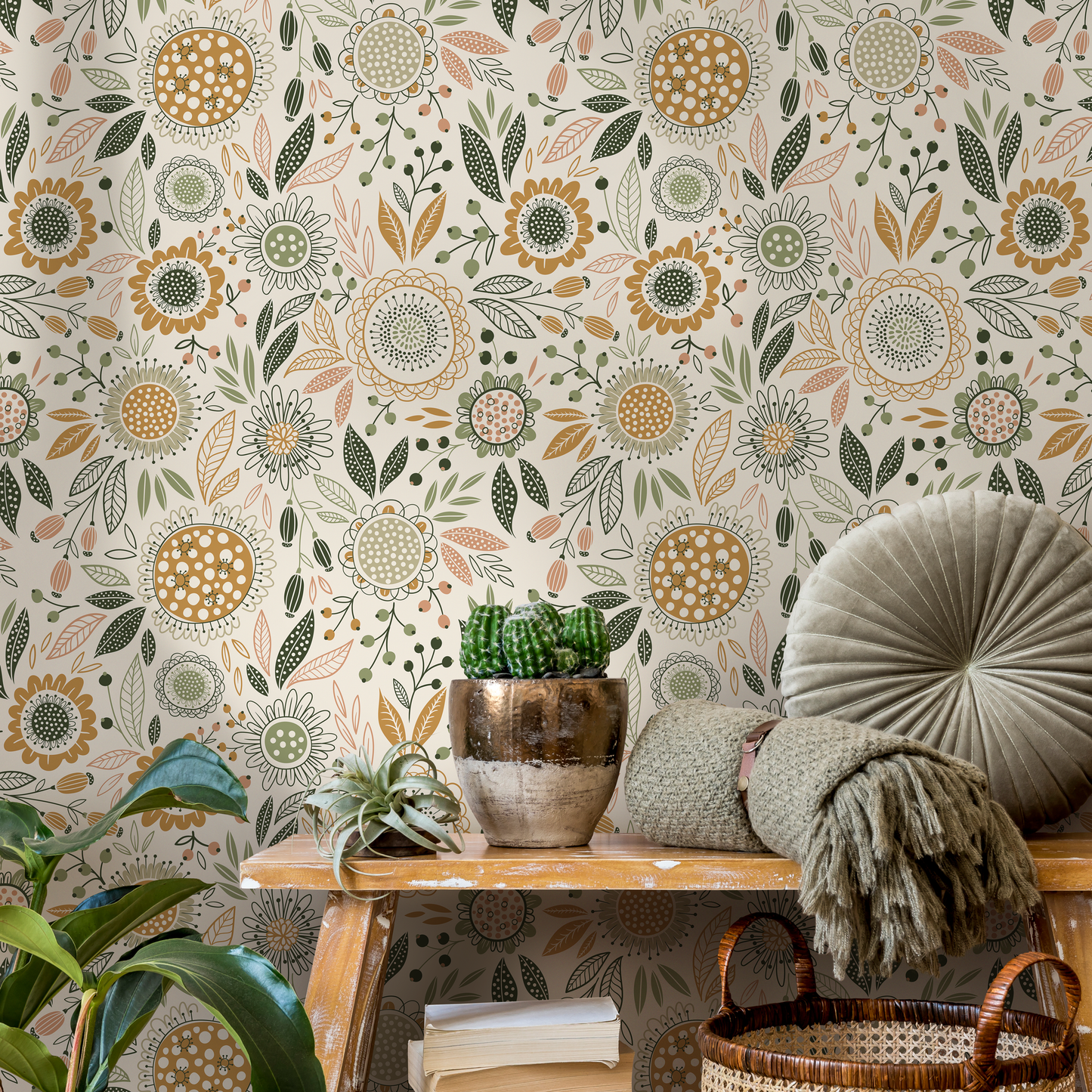 Boho Floral Garden Wallpaper / Peel and Stick Wallpaper Removable Wallpaper Home Decor Wall Art Wall Decor Room Decor - D284