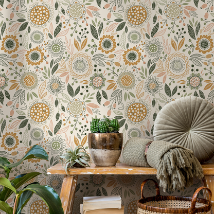 Boho Floral Garden Wallpaper / Peel and Stick Wallpaper Removable Wallpaper Home Decor Wall Art Wall Decor Room Decor - D284