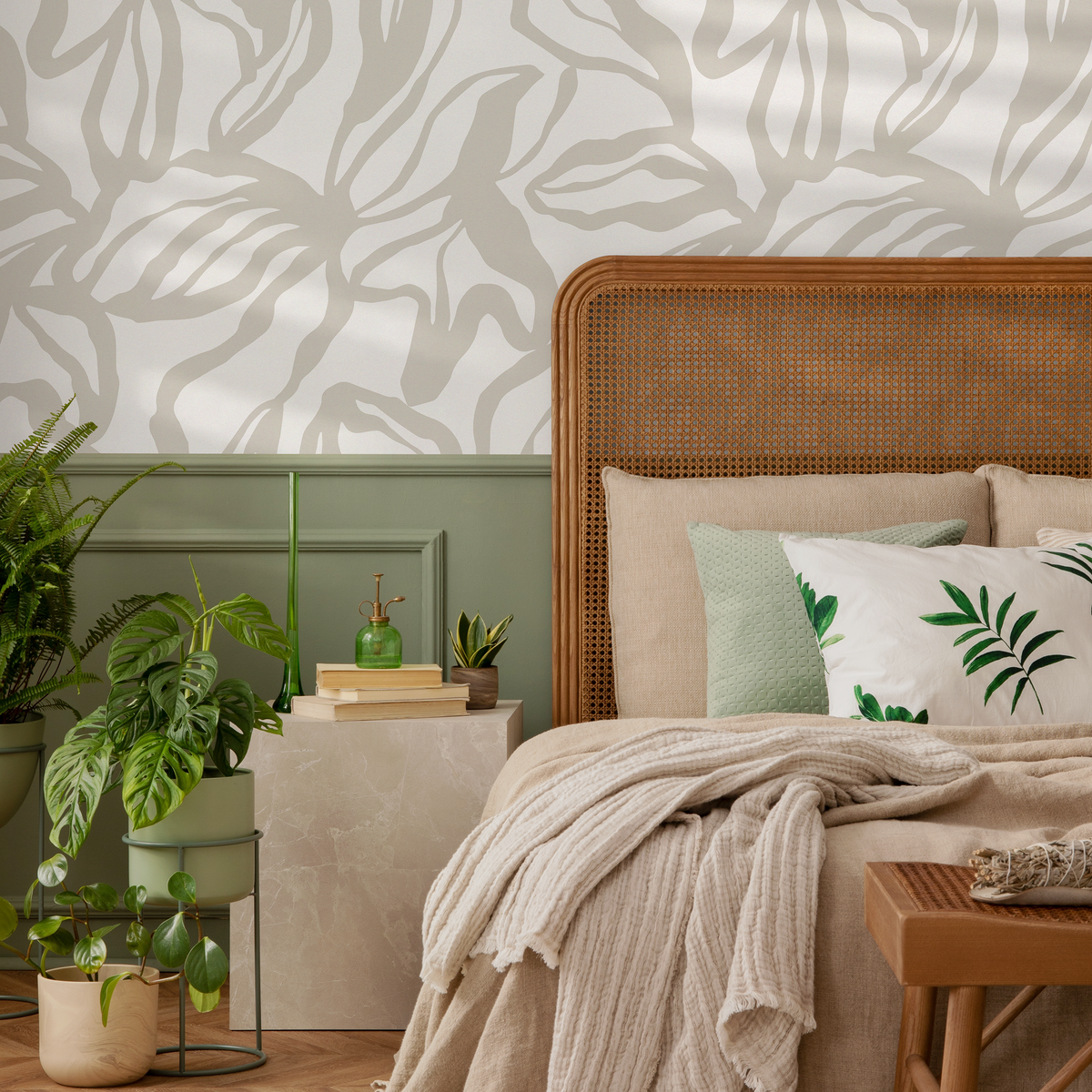 Floral Wallpaper with Large-Scale Line Art in Neutral Beige - detail view