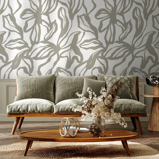 Gray Abstract Floral Wallpaper / Peel and Stick Wallpaper Removable Wallpaper Home Decor Wall Art Wall Decor Room Decor - D287