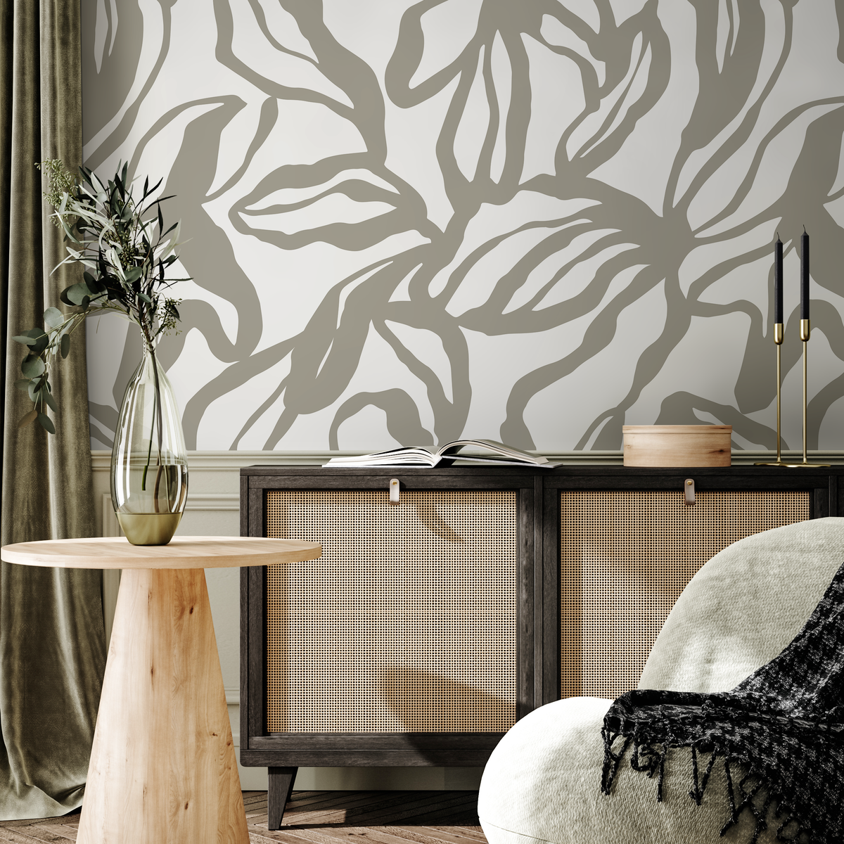Abstract Floral Wallpaper with a Bold Line Art Motif in Sage - detail view
