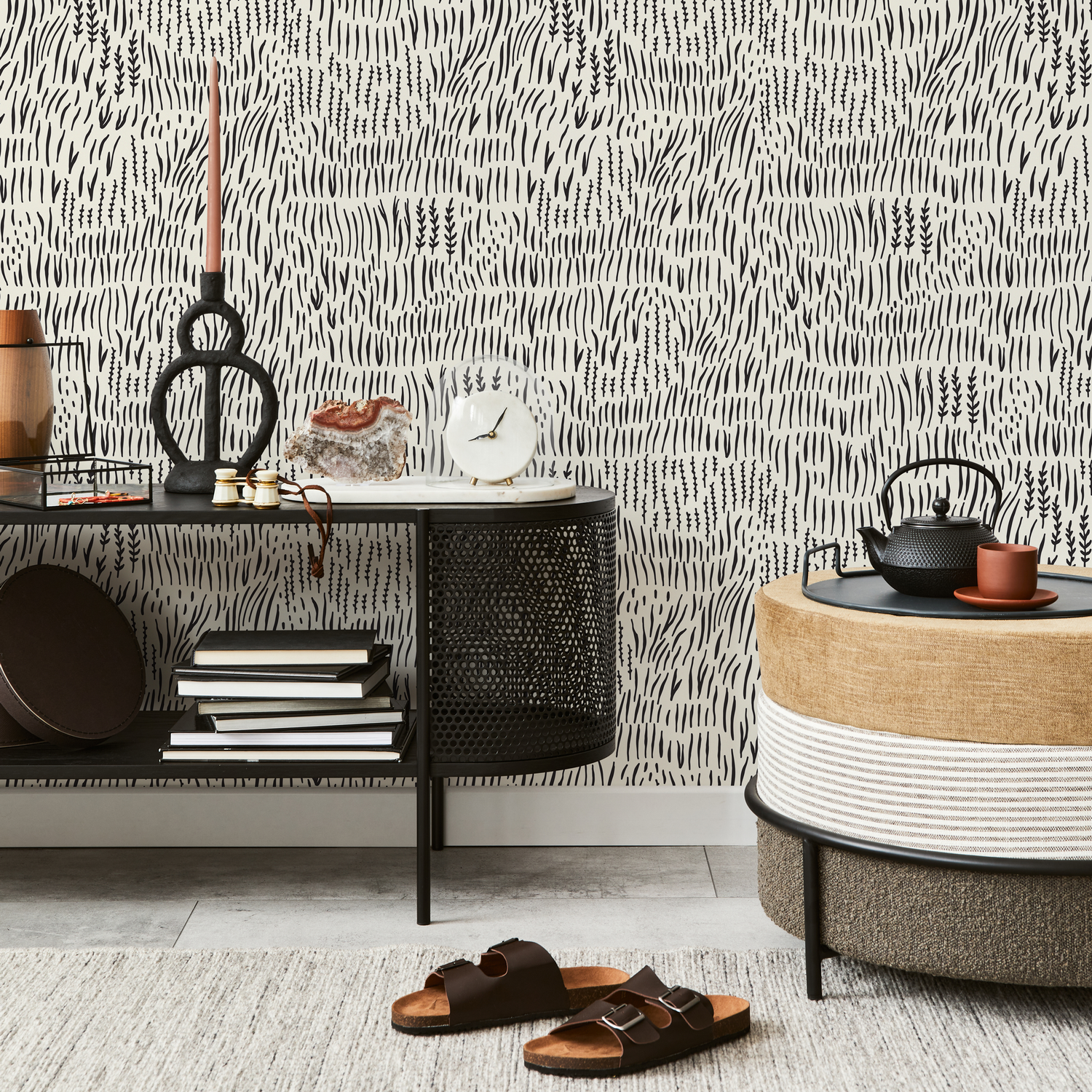 Abstract Wallpaper with a Hand-Drawn Botanical Motif in Black - D289