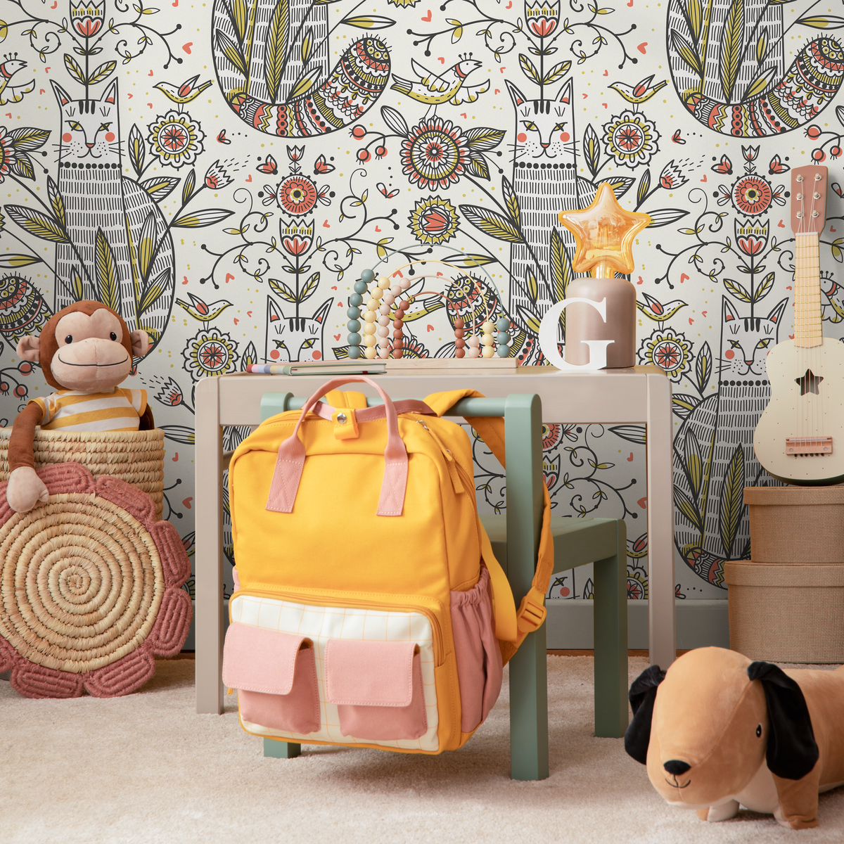 Floral Garden and Cat Wallpaper / Peel and Stick Wallpaper Removable Wallpaper Home Decor Wall Art Wall Decor Room Decor - D293 - ONDECOR.COM