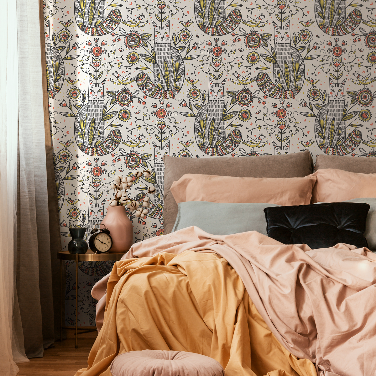 Floral Garden and Cat Wallpaper / Peel and Stick Wallpaper Removable Wallpaper Home Decor Wall Art Wall Decor Room Decor - D293 - ONDECOR.COM