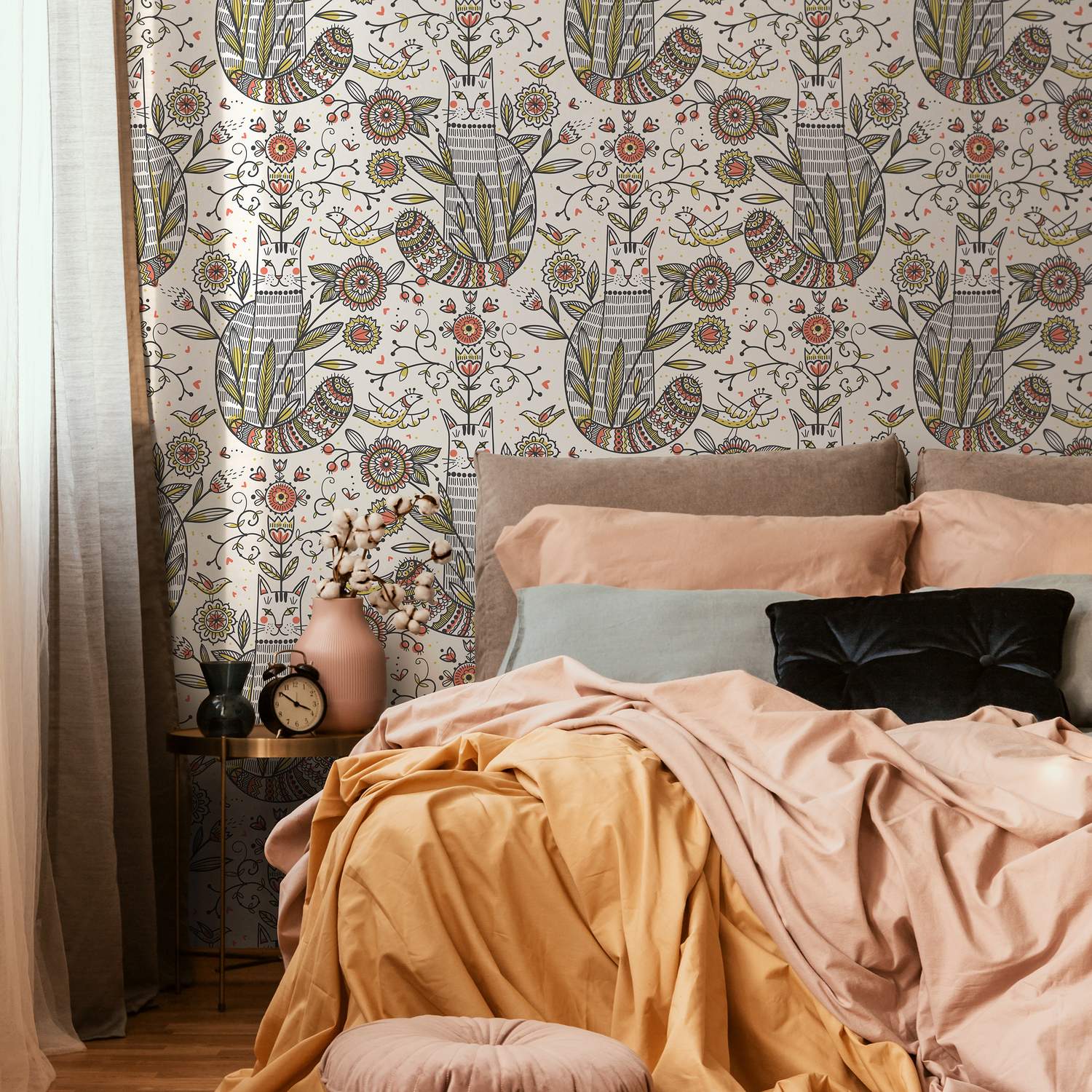 Floral Garden and Cat Wallpaper / Peel and Stick Wallpaper Removable Wallpaper Home Decor Wall Art Wall Decor Room Decor - D293 - ONDECOR.COM