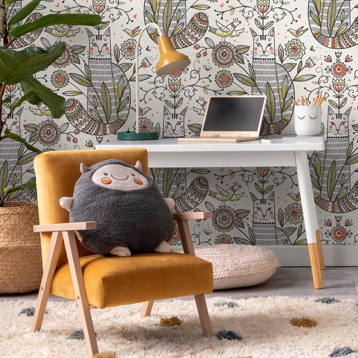 Floral Garden and Cat Wallpaper / Peel and Stick Wallpaper Removable Wallpaper Home Decor Wall Art Wall Decor Room Decor - D293 - ONDECOR.COM