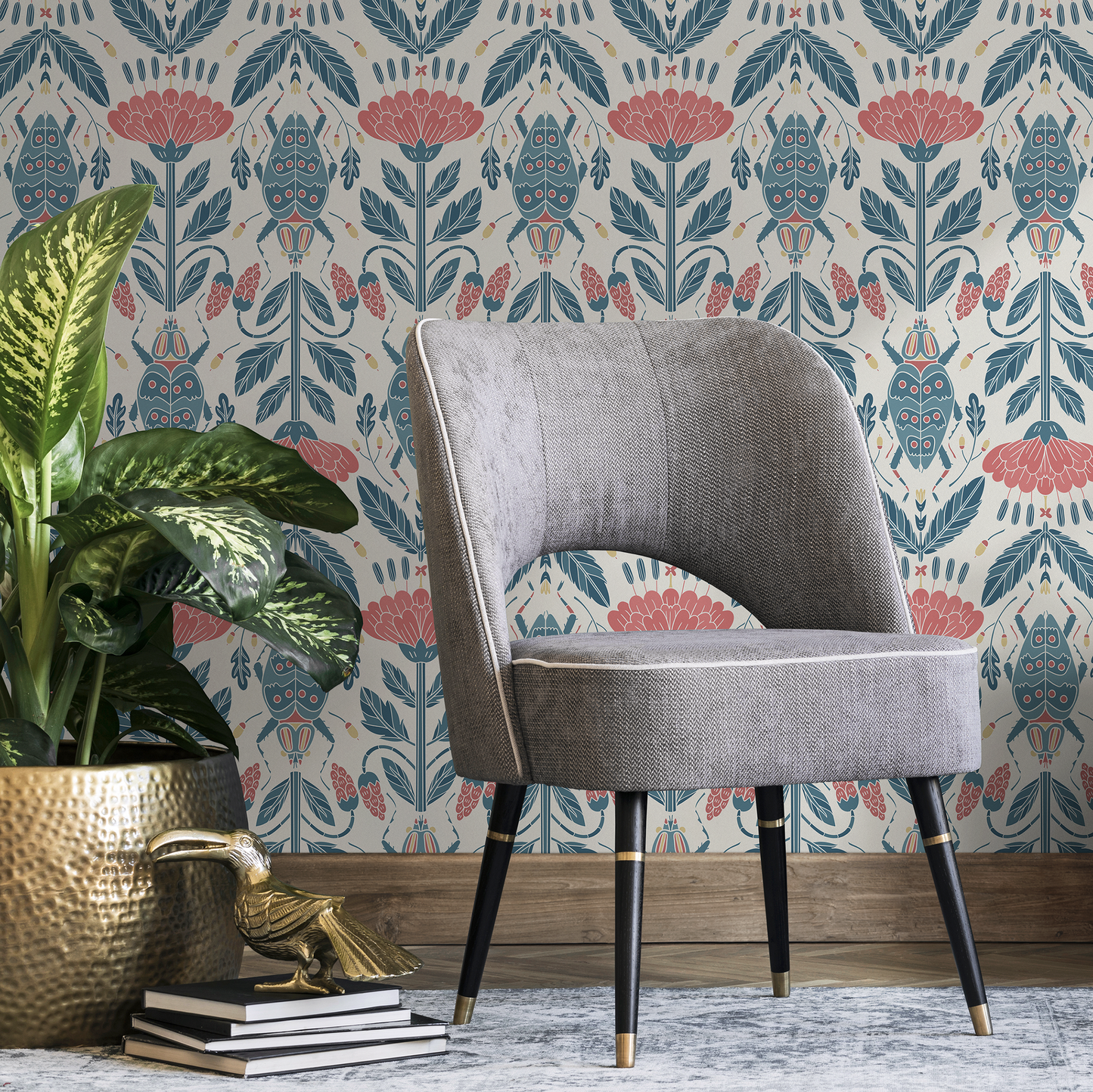Papel pintado floral con diseño de escarabajos, autoadhesivo, removible, para decoración del hogar, arte de pared, decoración de habitaciones - D297