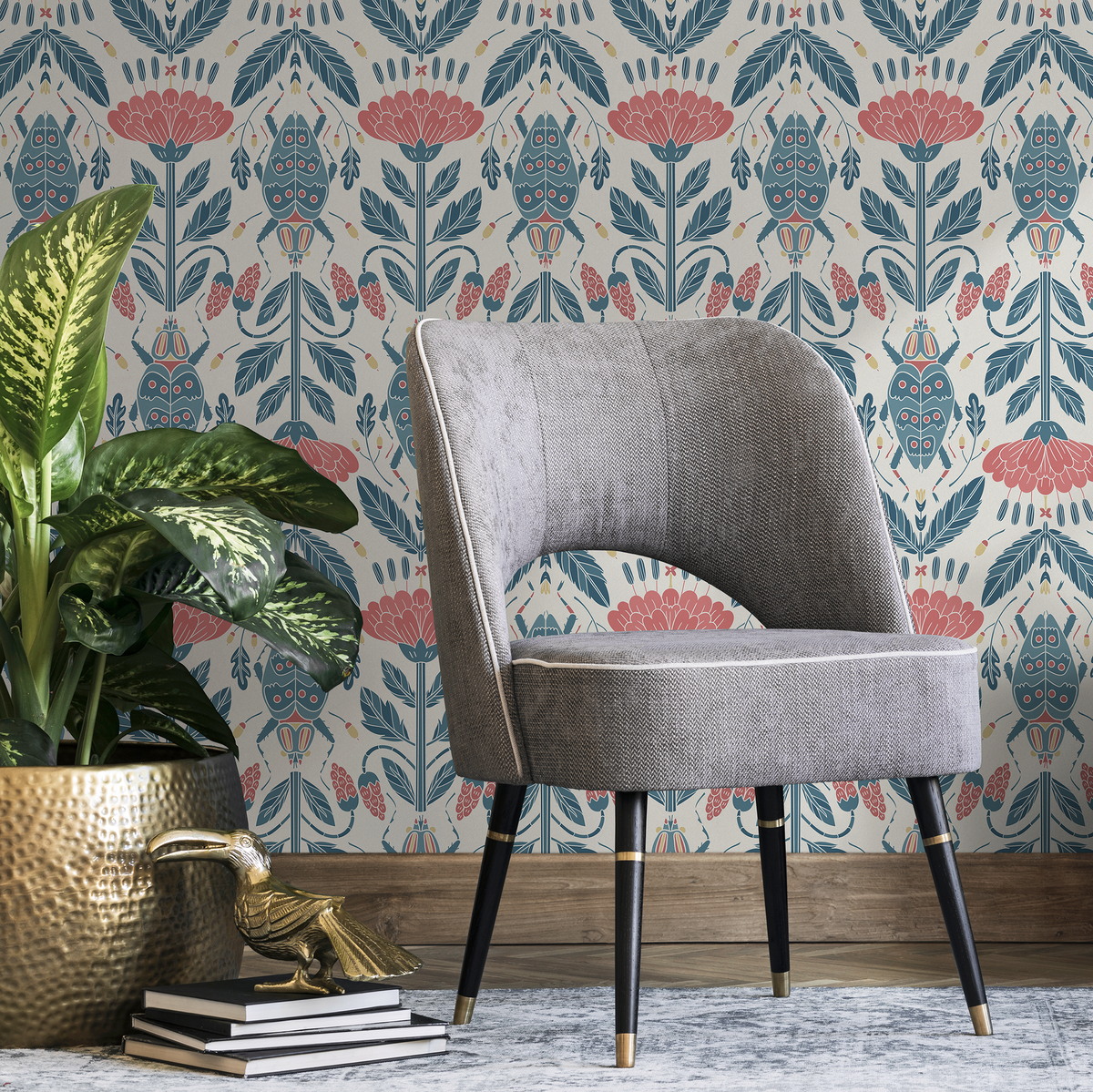 Botanical Wallpaper featuring Stylized Beetles and Flowers in Pink and Blue - detail view