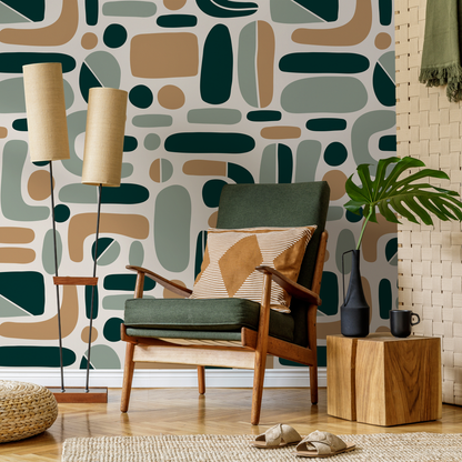 Green Abstract Shapes Wallpaper / Peel and Stick Wallpaper Removable Wallpaper Home Decor Wall Art Wall Decor Room Decor - D303