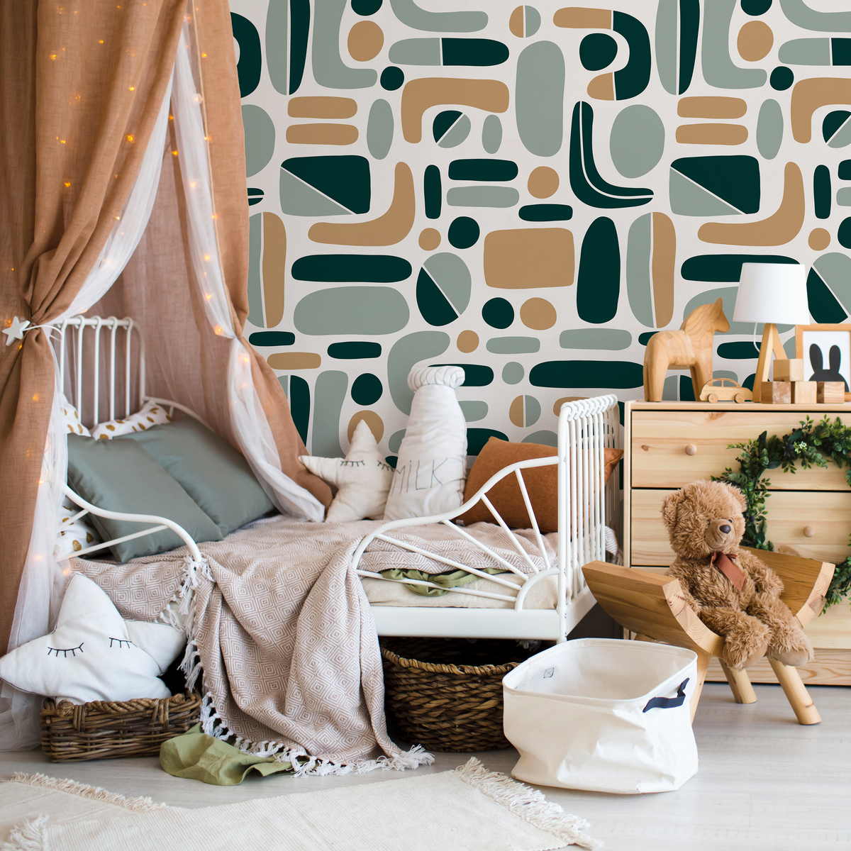Abstract Wallpaper with Mid-Century Modern Shapes in Dark Green, Sage, and Tan - detail view