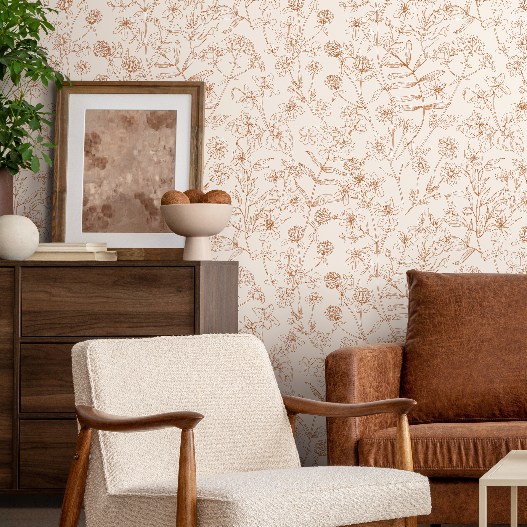 Neutral Boho Wildflowers Wallpaper / Peel and Stick Wallpaper Removable Wallpaper Home Decor Wall Art Wall Decor Room Decor - D305 - ONDECOR.COM