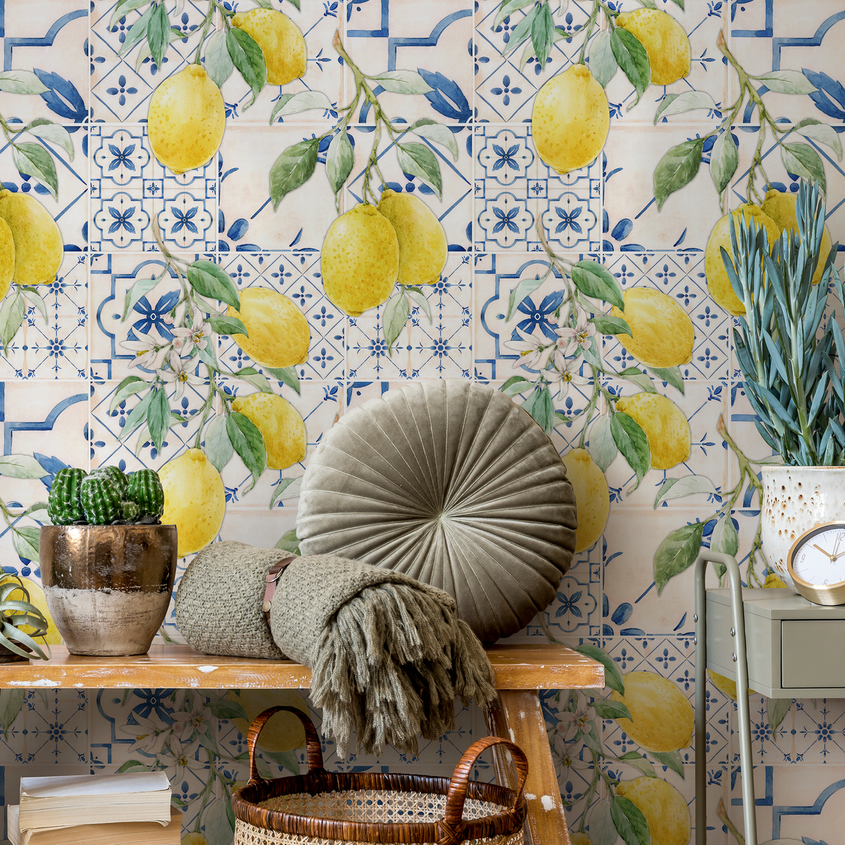 Tile Wallpaper with a Lemon Branch Motif in Blue, Yellow, and Green - detail view