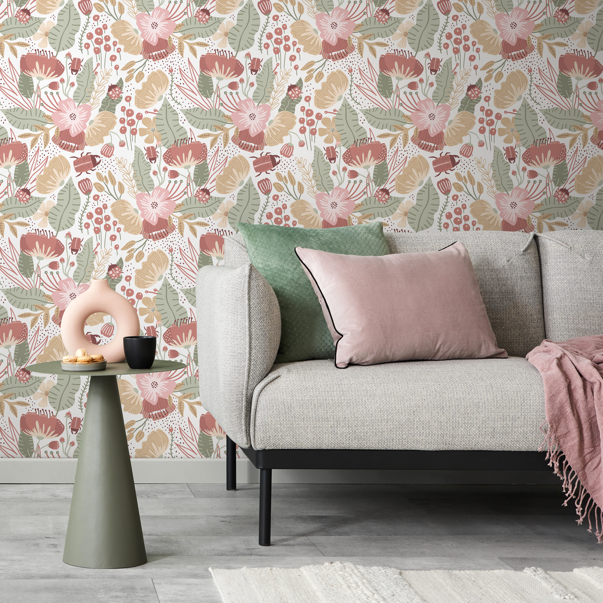 Boho Wallpaper with Stylized Flowers and Beetles in Pink, Green, and Terracotta - detail view
