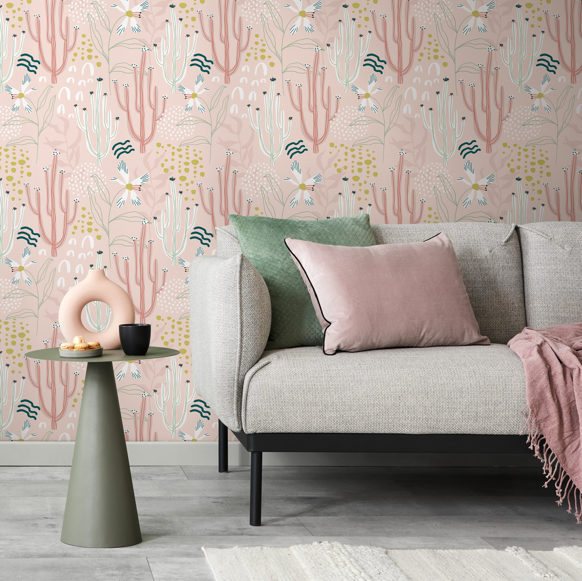 Cactus Wallpaper with Whimsical Desert Flowers in Pink, Green, and White - detail view