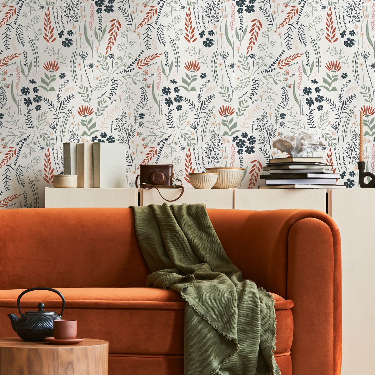 Wildflower Wallpaper with a Delicate Meadow Motif in Blue, Rust, and Green - detail view