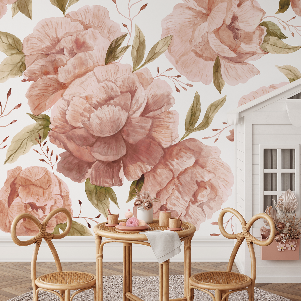 Floral Wallpaper with Large Watercolor Roses in Clay and Green - detail view