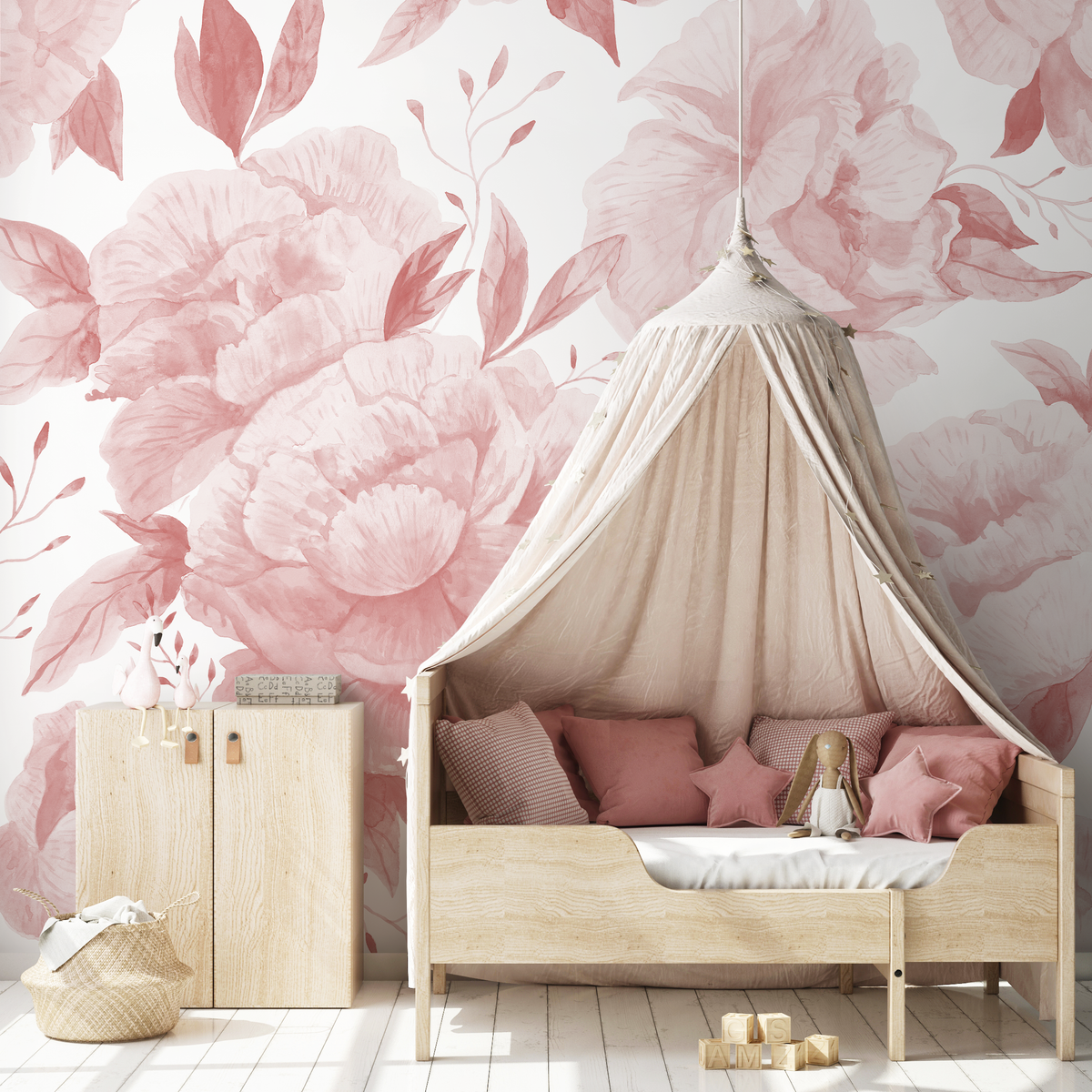Floral Wallpaper with a Watercolor Rose Mural in Pink - detail view