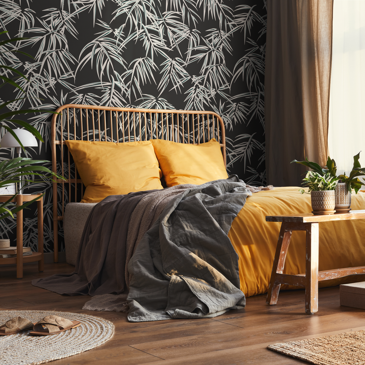 Botanical Wallpaper with a Stylized Palm Leaf Motif in Black and Gray - detail view