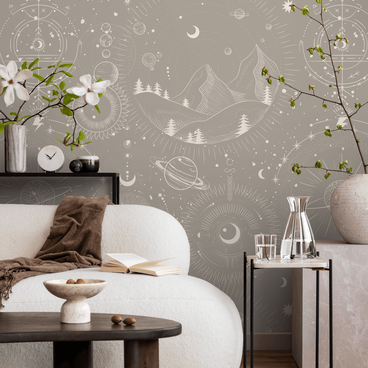 Astrology Wallpaper with Celestial Mountains in Taupe and Cream - detail view