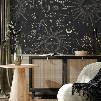 Black Celestial Wallpaper / Peel and Stick Wallpaper Removable Wallpaper Home Decor Wall Art Wall Decor Room Decor - D342