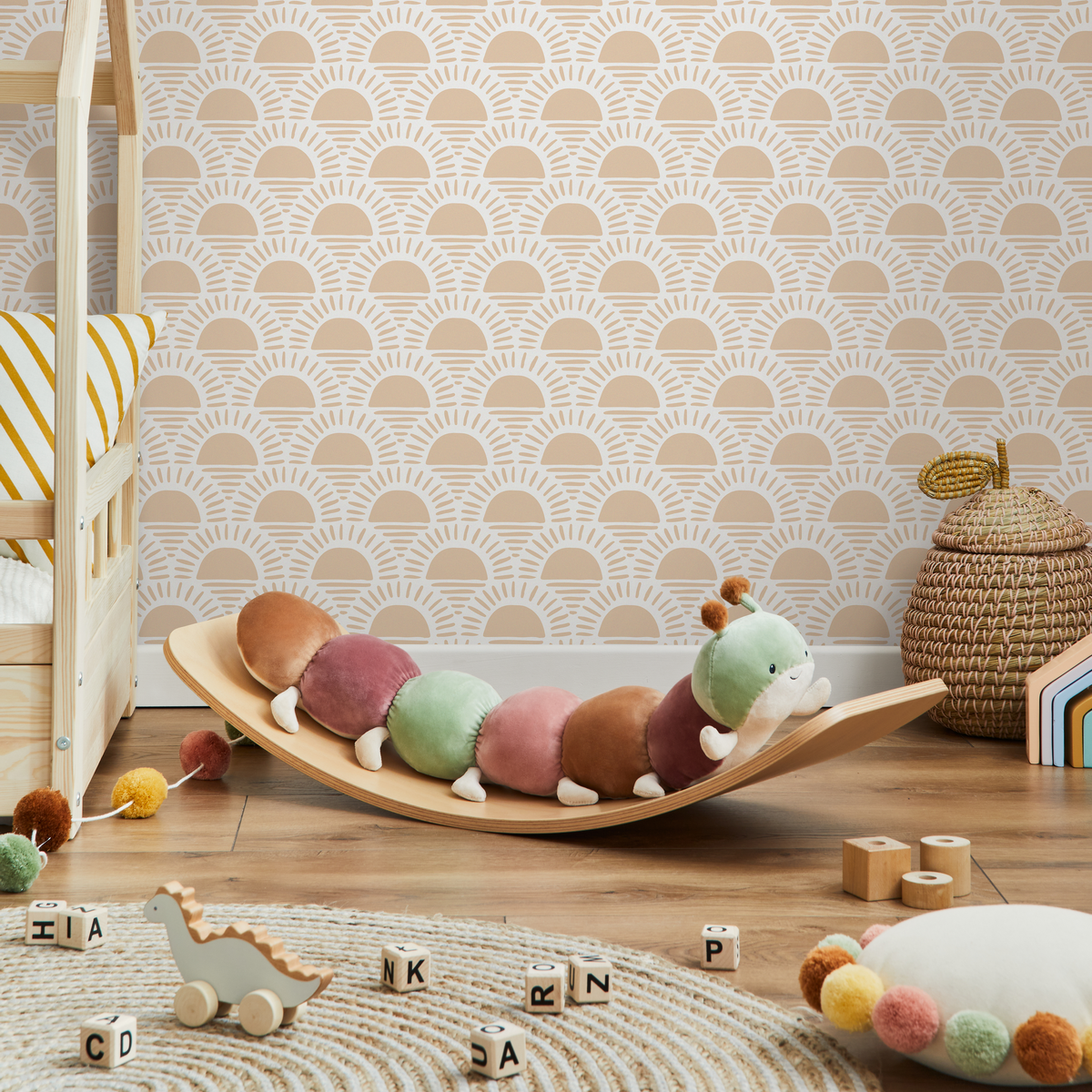 Scallop Wallpaper with a Boho Sunrise Motif in Orange - detail view