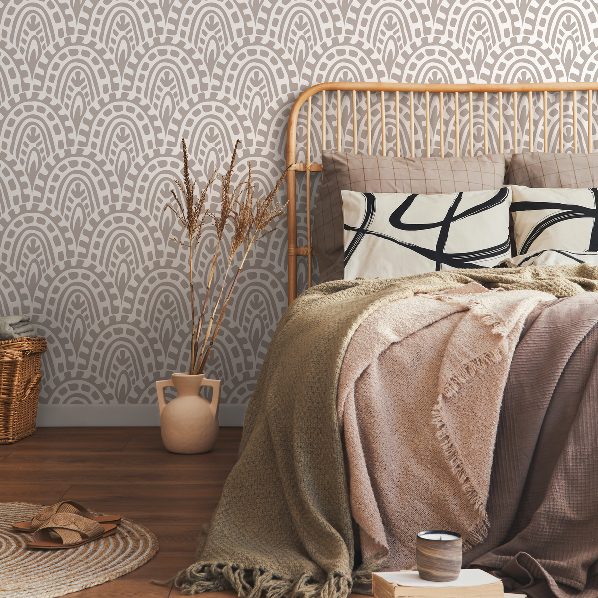Abstract Wallpaper with a Bohemian Arch Pattern in Taupe and White - detail view