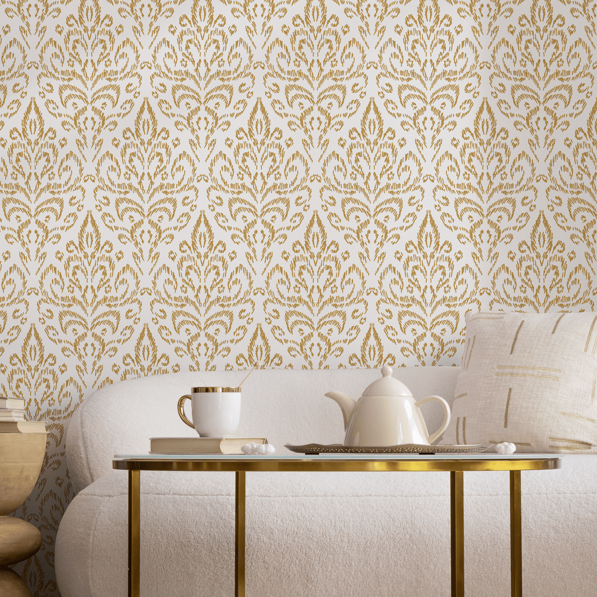 Ikat Wallpaper with a Bohemian Damask Motif in Yellow - detail view