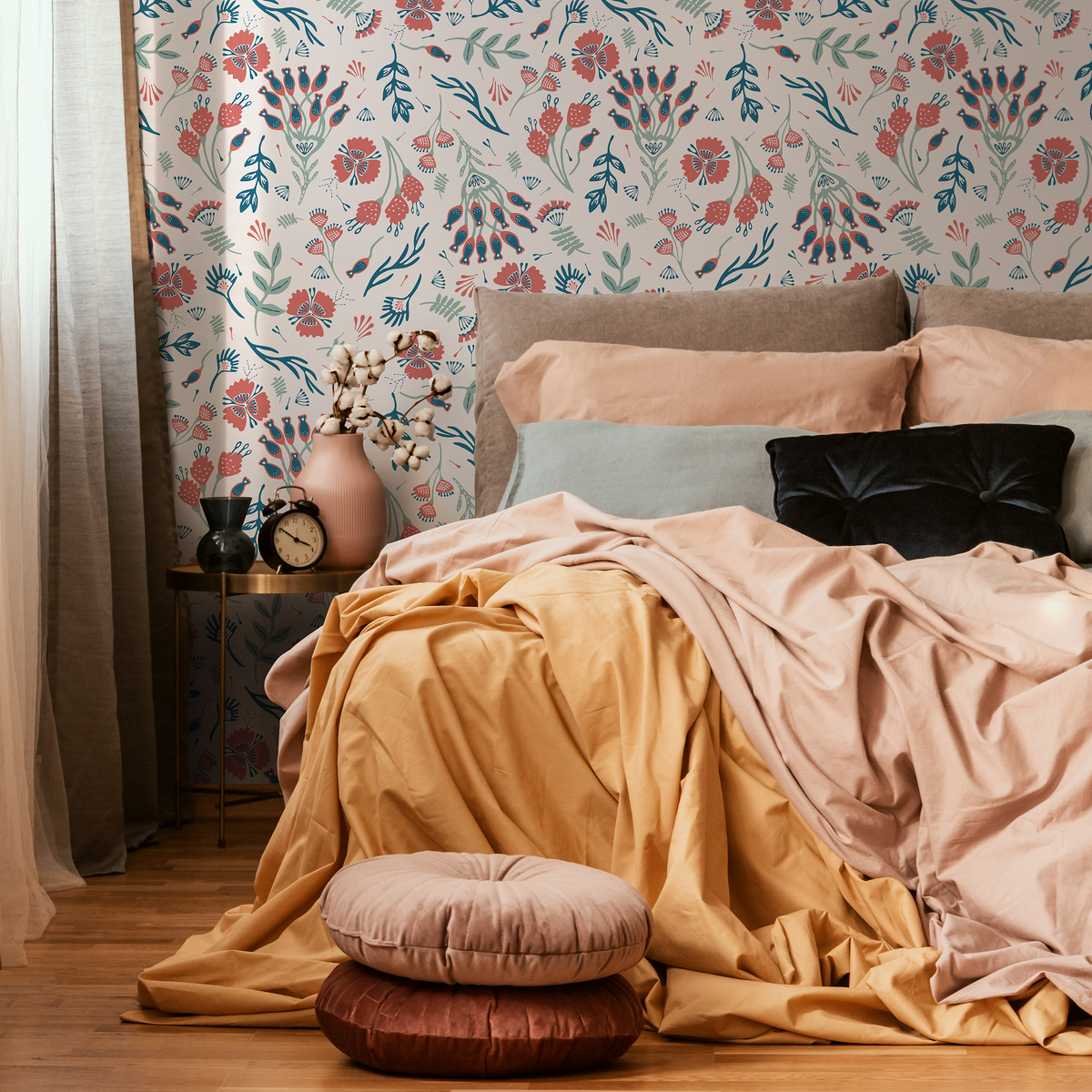 Floral Wallpaper with Folk Art Birds and Blooms in Red, Teal, and Green - detail view