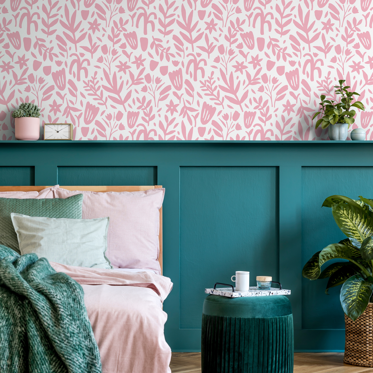 Floral Wallpaper with Abstract Cut-Out Blooms in Pink - detail view