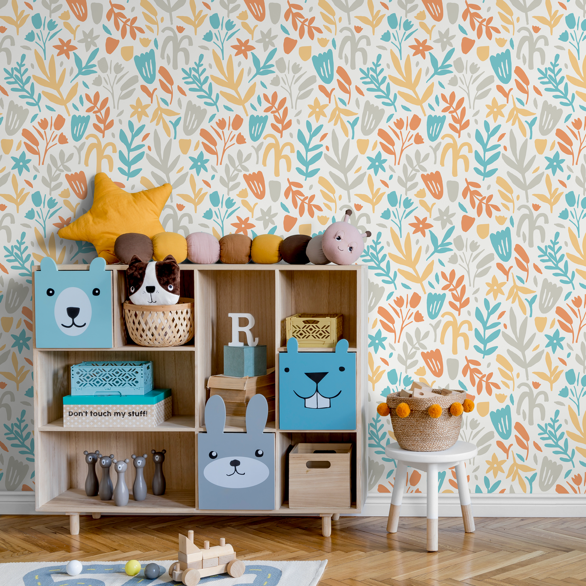 Floral Wallpaper with Stylized Flowers in Teal, Orange, and Yellow - detail view