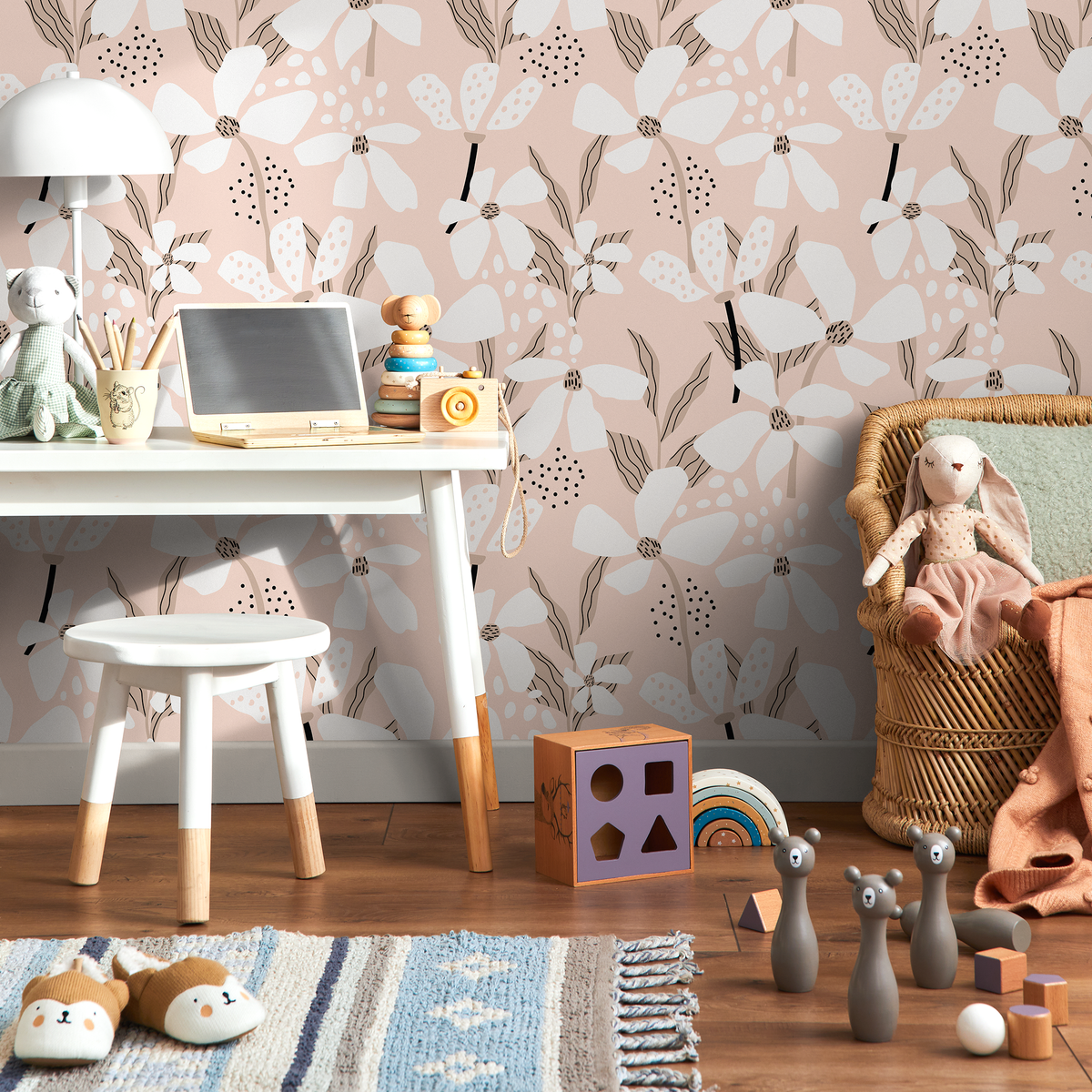 Abstract Floral Wallpaper with Stylized Blooms in Soft Peach and Black - detail view