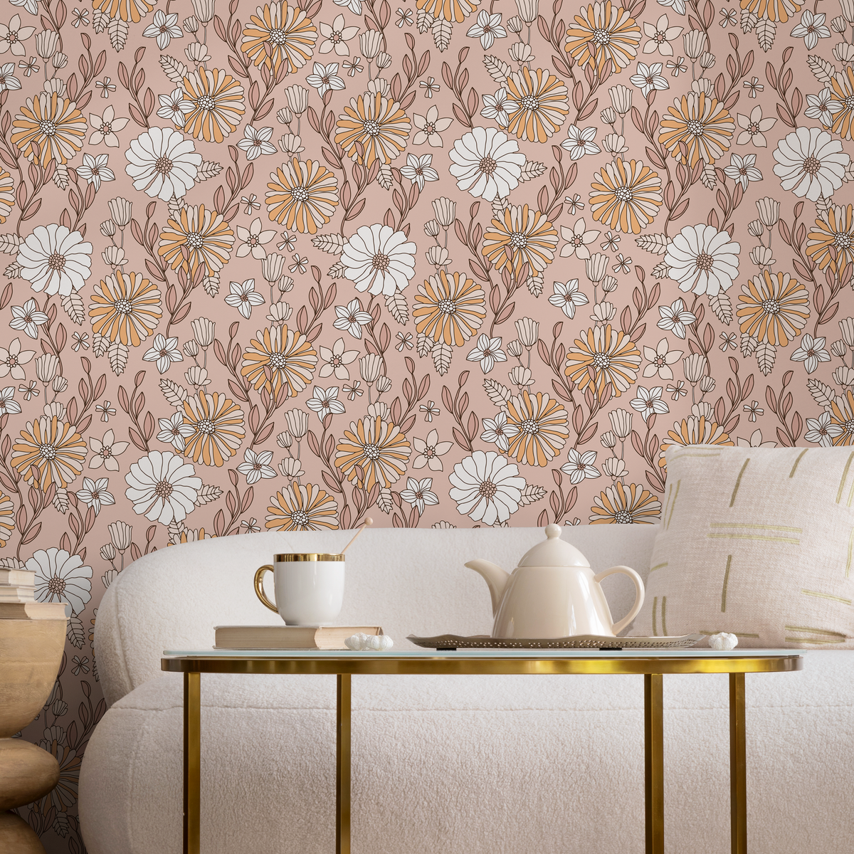 Floral Wallpaper with a Retro Daisy Motif in Pink, Yellow, and White - detail view